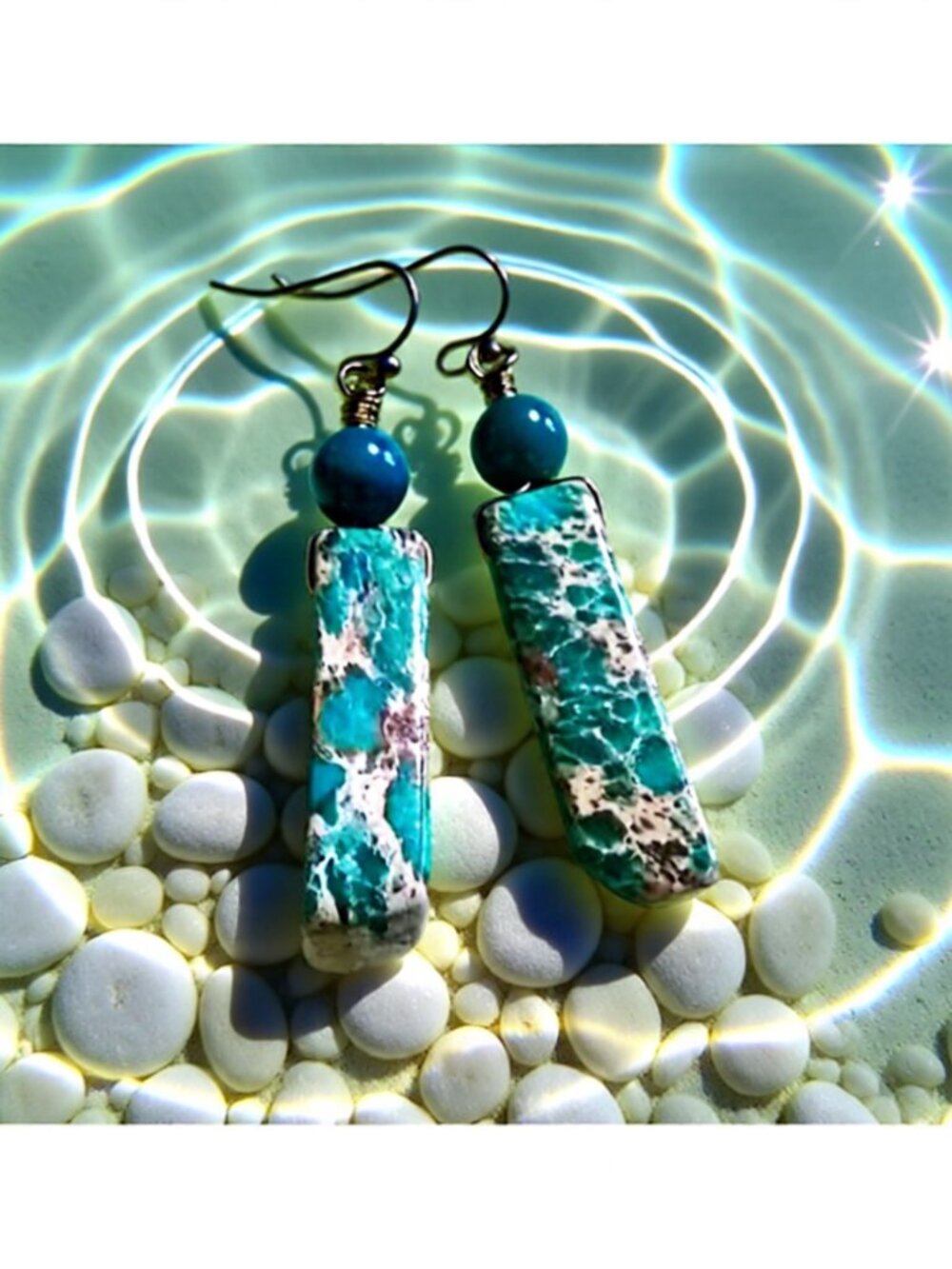 Handmade Teal Blue Sea Sediment Jasper Bar Earrings. Coastal Beach Boho Festival
